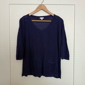 J Jill Sweater Top Womens Sz S Deep Blue Knit V Neck 3/4 Sleeve Linen Blend